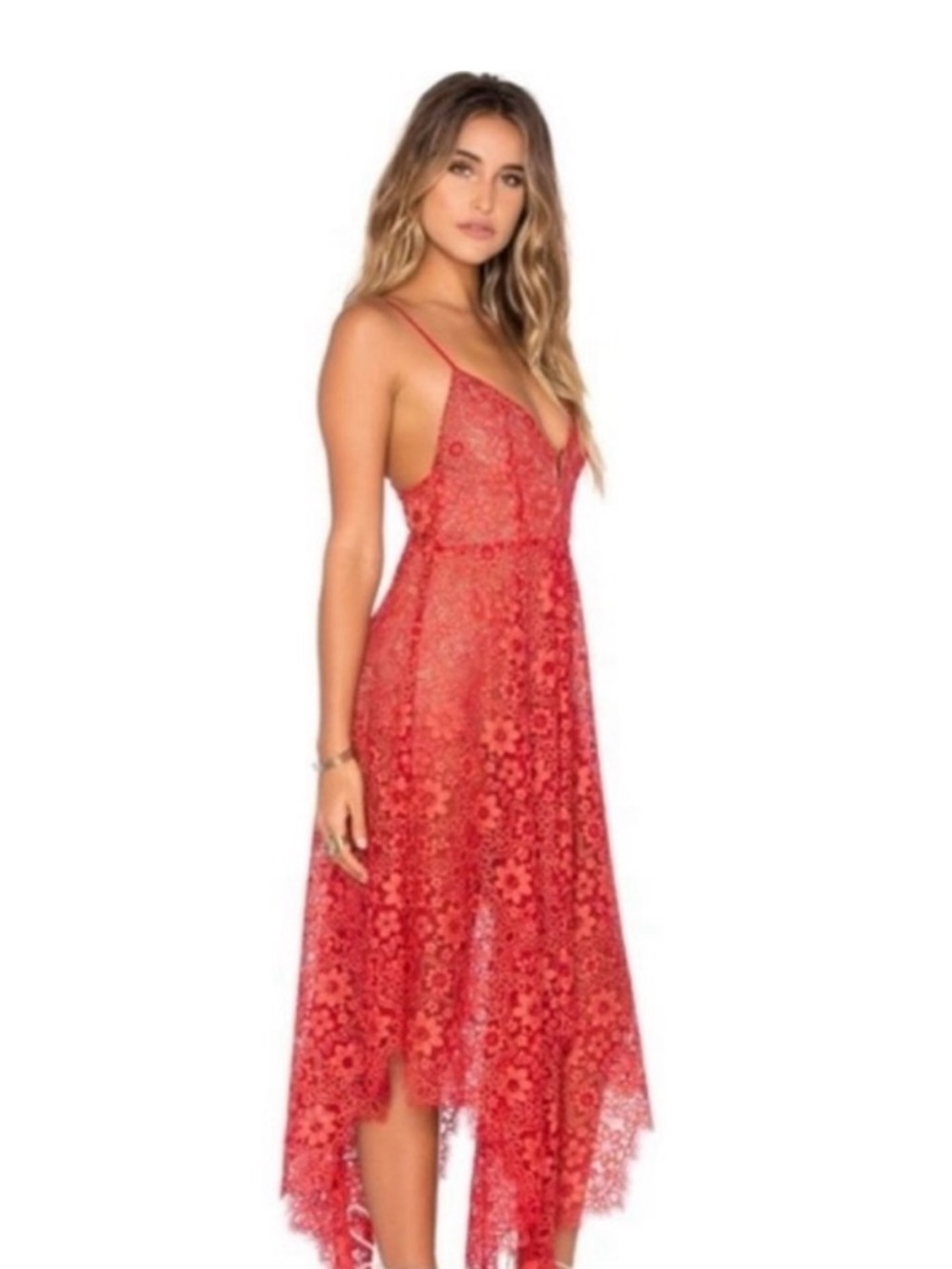For Love & Lemons Red Floral Lace Midi Dress - Picture 2 of 4